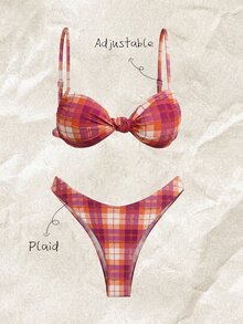 SHEIN Swim Women's Summer Plaid Random Print Spaghetti Strap Knot Bow High Cut Sexy Bikini Set - Multicolor - View 1