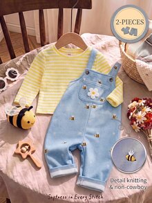 Cozy Pixies Baju Terusan Rajut Bayi Perempuan Warna Kuning Biru Muda, Celana Overall, 2 Potong, Set untuk Liburan Pantai Musim Gugur Kasual Lucu - MultiWarna - View 4
