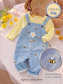 Cozy Pixies Baju Terusan Rajut Bayi Perempuan Warna Kuning Biru Muda, Celana Overall, 2 Potong, Set untuk Liburan Pantai Musim Gugur Kasual Lucu - MultiWarna - View 1