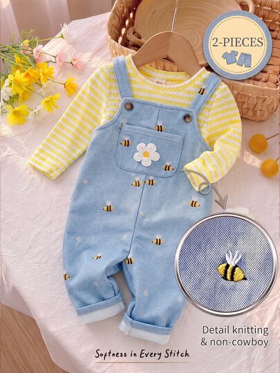Cozy Pixies Baby Girls Jumpsuits Knit Yellow Powder Blue Overall Pants 2 Pieces Set Holiday Beach Autumn Casual Cute