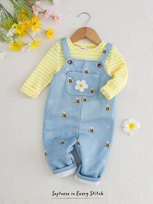 Cozy Pixies Baju Terusan Rajut Bayi Perempuan Warna Kuning Biru Muda, Celana Overall, 2 Potong, Set untuk Liburan Pantai Musim Gugur Kasual Lucu - MultiWarna - View 3