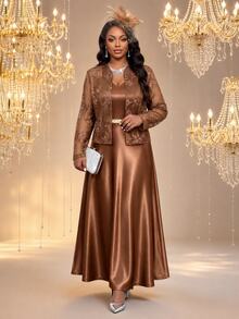 Fleurora Plus Size Women's Solid Color Dress And Long Sleeve Cardigan Fashion 2-Piece Set - Coffee Brown - View 1