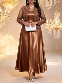 Fleurora Plus Size Women's Solid Color Dress And Long Sleeve Cardigan Fashion 2-Piece Set - Coffee Brown - View 4