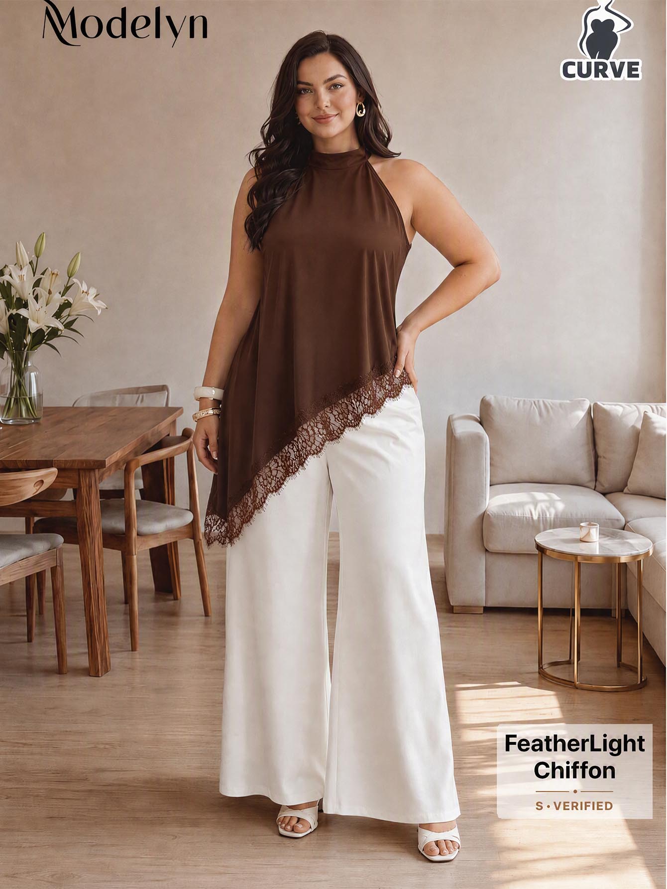 Modelyn Spring/Summer Casual Elegant Spaghetti Strap Lace Patchwork Loose Fit Versatile Plus Size Women's Camisole Tank Top - Brown - View 1