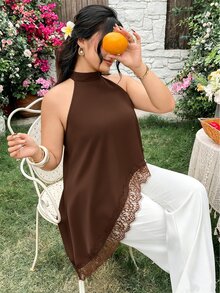 Modelyn Spring/Summer Casual Elegant Spaghetti Strap Lace Patchwork Loose Fit Versatile Plus Size Women's Camisole Tank Top - Brown - View 3