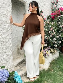 Modelyn Spring/Summer Casual Elegant Spaghetti Strap Lace Patchwork Loose Fit Versatile Plus Size Women's Camisole Tank Top - Brown - View 6