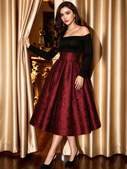 Auvina Plus Size Women's Burgundy Rose Jacquard Midi Skirt, High Waist ALine Pleated Swing Skirt With Pockets Vintage Elegant Party Formal Dinner Skirt