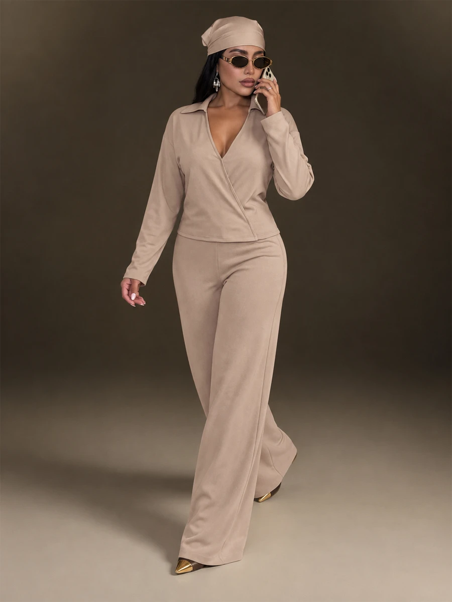 Brilight Ollared Wrap V Neck 2 Pieces Loungewear Set For Daily Brunch Vacation Casual Wear - Khaki - View 1