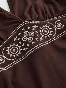 ROMWE Hippie Sun Totem Embroidered Spaghetti Strap Layered Hem Short Dress For Women - Brown - View 3