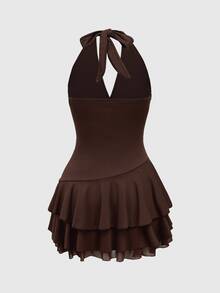 ROMWE Hippie Sun Totem Embroidered Spaghetti Strap Layered Hem Short Dress For Women - Brown - View 2