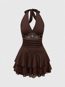 ROMWE Hippie Sun Totem Embroidered Spaghetti Strap Layered Hem Short Dress For Women - Brown - View 1