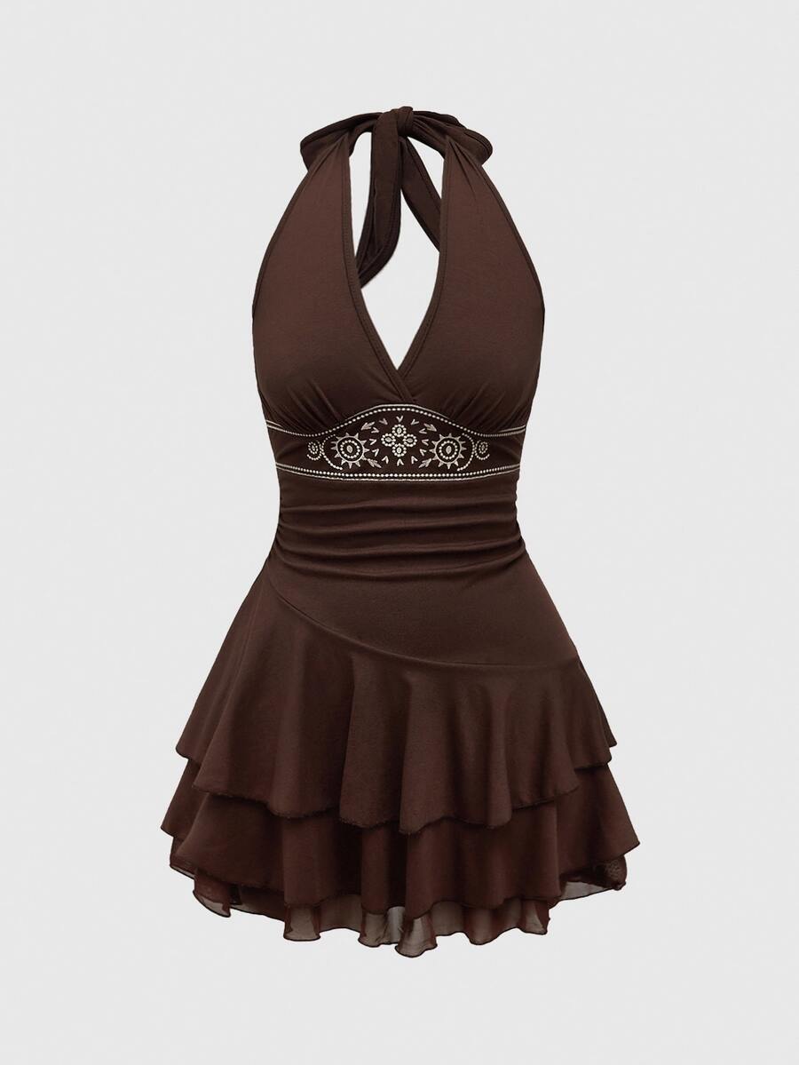ROMWE Hippie Sun Totem Embroidered Spaghetti Strap Layered Hem Short Dress For Women - Brown - View 1