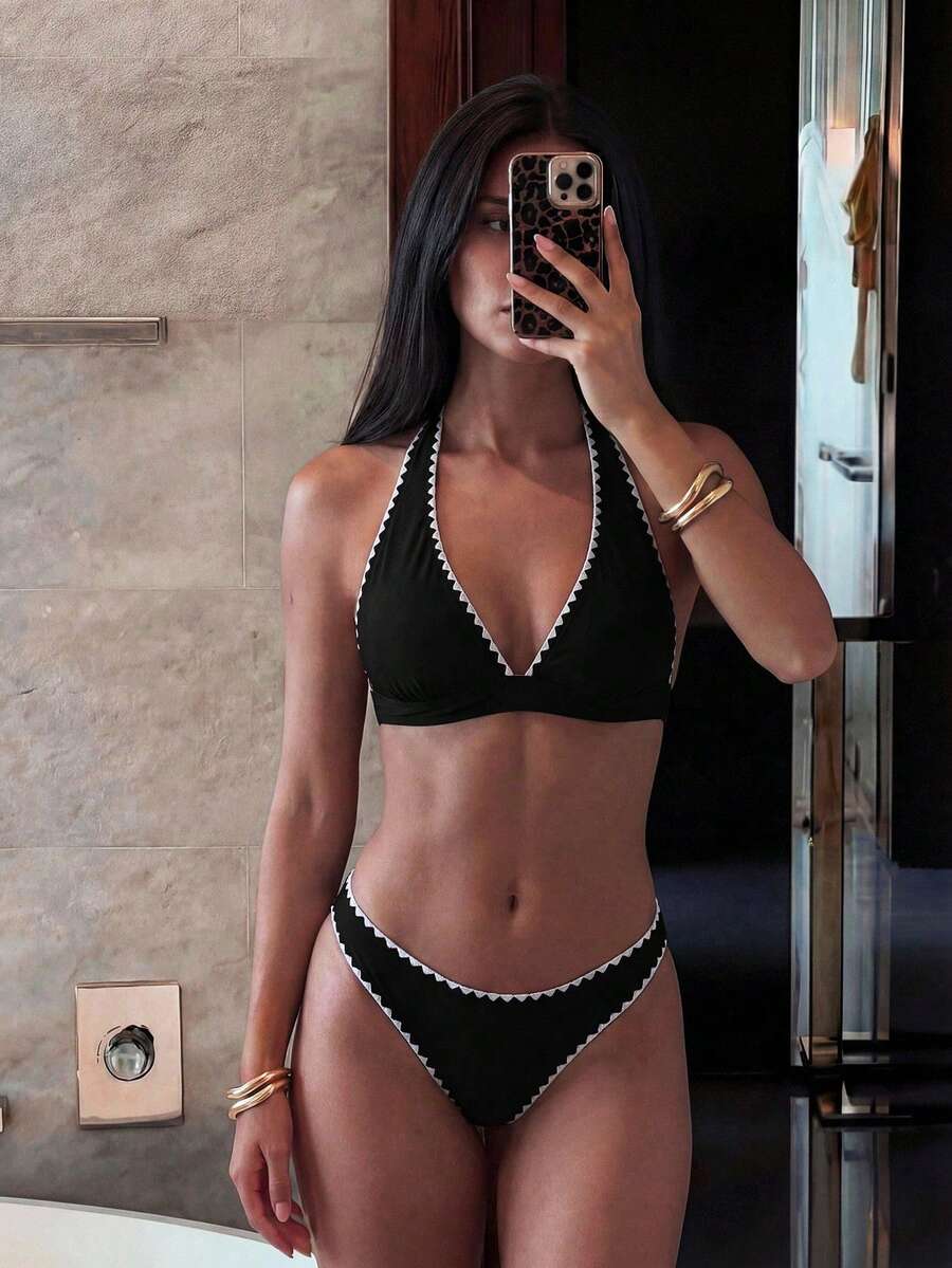 SHEIN Swim Contrast Trim Two Pieces Swimwear Set - Black - View 1