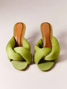 Hauture Women's Green Puffy Twist Fleece Mule Heeled Sandals Cute Chic Sexy Slip On High Heels For Spring Summer Holiday Nightclub Party - Green - View 5