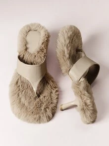Hauture Women's Fashion Daily Versatile Faux Fur Slip-On Heeled Sandals - Light taupe - View 7