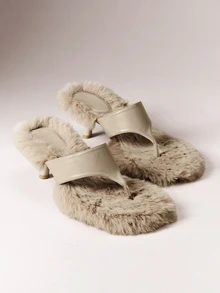 Hauture Women's Fashion Daily Versatile Faux Fur Slip-On Heeled Sandals - Light taupe - View 1