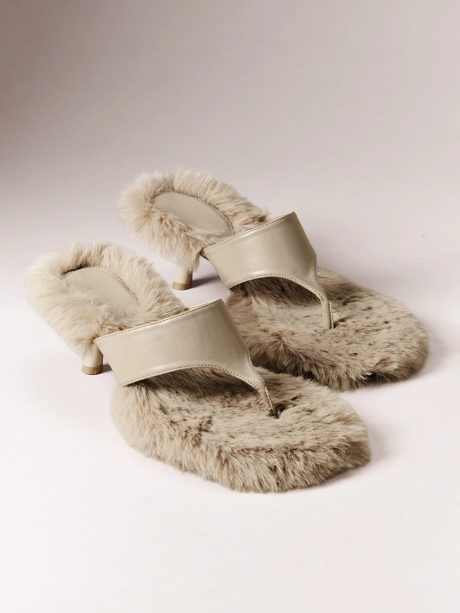 Hauture Women's Fashion Daily Versatile Faux Fur Slip-On Heeled Sandals - Light taupe - View 1