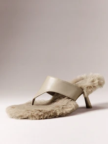 Hauture Women's Fashion Daily Versatile Faux Fur Slip-On Heeled Sandals - Light taupe - View 6