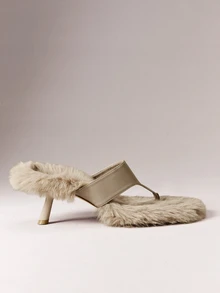 Hauture Women's Fashion Daily Versatile Faux Fur Slip-On Heeled Sandals - Light taupe - View 3
