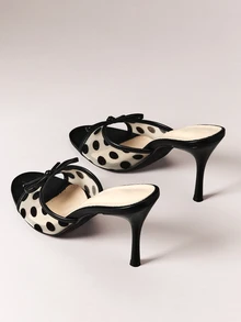 Hauture Women's Chic Polka Dot Bow Mesh Stiletto Mule Heels - Black - View 5