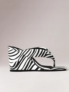 Hauture Women Faux Suede Square Toe Wedge Heel Thong Mules, Slip On Platform Flip Flop Sandals - zebra pattern - View 3
