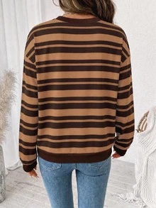 SHEIN LUNE Women's Casual Striped Colorblock Brown Back To School Sweatshirt, Suitable For Autumn/Winter,Autumn Outfits For Women, - White - View 7
