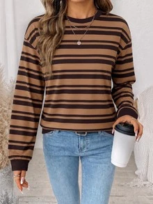 SHEIN LUNE Women's Casual Striped Colorblock Brown Back To School Sweatshirt, Suitable For Autumn/Winter,Autumn Outfits For Women, - White - View 2