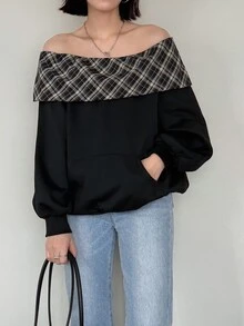 FRIFUL Women's Cold Shoulder Plaid Casual Everyday Long Sleeve Sweatshirt School Black Fall Hoodies - Black - View 2