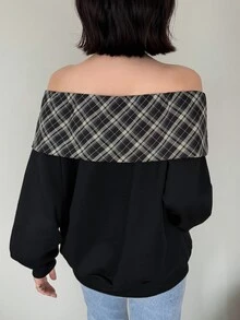 FRIFUL Women's Cold Shoulder Plaid Casual Everyday Long Sleeve Sweatshirt School Black Fall Hoodies - Black - View 7