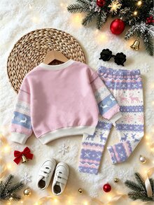 Girls 2pcs Christmas Stitch Print Set, Crew Neck Long Sleeve Sweatshirt + Fair Isle All-Over Print Leggings, Young Girl Holiday Casual Outfit - Multicolor - View 3