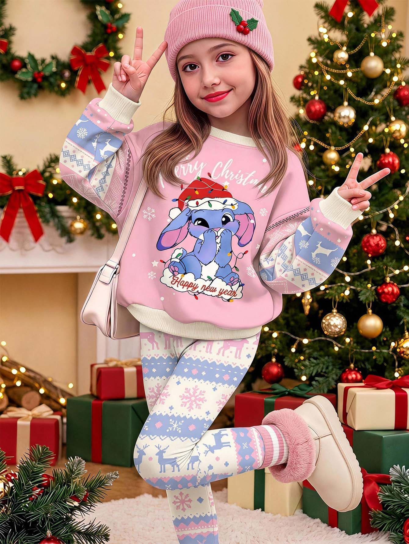 Girls 2pcs Christmas Stitch Print Set, Crew Neck Long Sleeve Sweatshirt + Fair Isle All-Over Print Leggings, Young Girl Holiday Casual Outfit - Multicolor - View 1