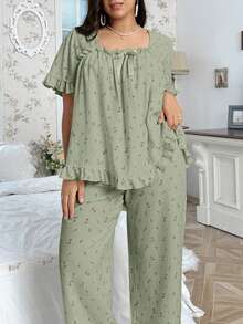 CottageSlumber Plus Size Ditsy Floral Print Square Neck Bow Decorated Short Sleeve Top & Pants Pajama Set - Green - View 5