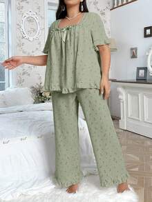 CottageSlumber Plus Size Ditsy Floral Print Square Neck Bow Decorated Short Sleeve Top & Pants Pajama Set - Green - View 6