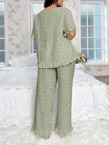 CottageSlumber Plus Size Ditsy Floral Print Square Neck Bow Decorated Short Sleeve Top & Pants Pajama Set - Green - View 2