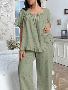 CottageSlumber Plus Size Ditsy Floral Print Square Neck Bow Decorated Short Sleeve Top & Pants Pajama Set - Green - View 4