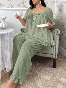 CottageSlumber Plus Size Ditsy Floral Print Square Neck Bow Decorated Short Sleeve Top & Pants Pajama Set - Green - View 1