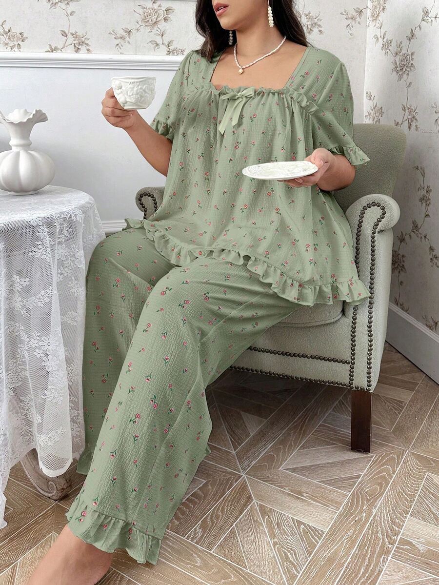 CottageSlumber Plus Size Ditsy Floral Print Square Neck Bow Decorated Short Sleeve Top & Pants Pajama Set - Green - View 1