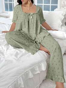 CottageSlumber Plus Size Ditsy Floral Print Square Neck Bow Decorated Short Sleeve Top & Pants Pajama Set - Green - View 3