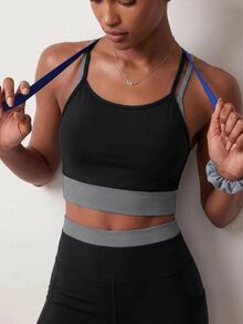 Zivah 女款拼色短版細肩帶背心與短褲兩件式運動套裝健身運動服 - 黑色 - 查看 4
