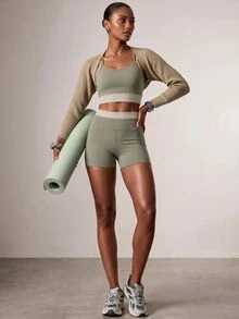 Zivah 女款拼色運動套裝 拼接背心與短褲兩件式健身運動服 - 卡其色 - 查看 10