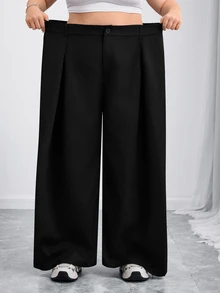 SHEIN CURVE+ بنطلون أسود سادة بأزرار كاجوال واسع الساق، خريف وشتاء، بدلة عمل، 2026 22W - الأسود - مشاهدة 3