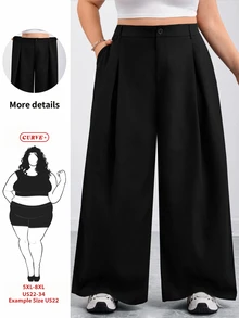 SHEIN CURVE+ بنطلون أسود سادة بأزرار كاجوال واسع الساق، خريف وشتاء، بدلة عمل، 2026 22W - الأسود - مشاهدة 1