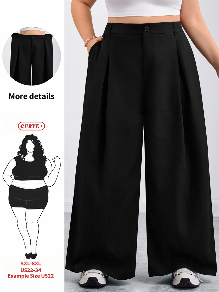SHEIN CURVE+ بنطلون أسود سادة بأزرار كاجوال واسع الساق، خريف وشتاء، بدلة عمل، 2026 22W - الأسود - مشاهدة 1