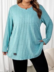 SHEIN CURVE+ 大码女式字母印章拼接细节T恤 - 綠色 - 查看 3