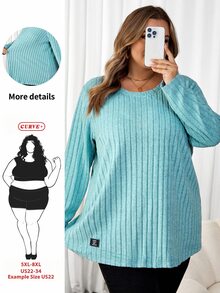SHEIN CURVE+ 大码女式字母印章拼接细节T恤 - 綠色 - 查看 1