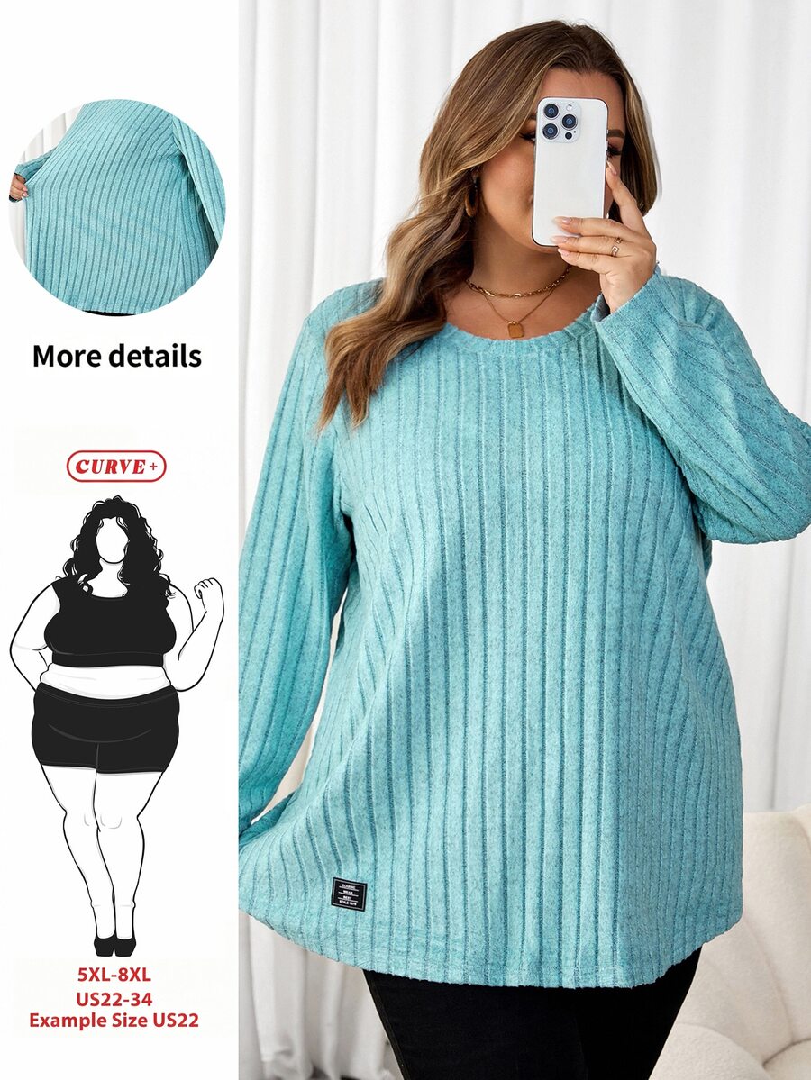 SHEIN CURVE+ 大码女式字母印章拼接细节T恤 - 綠色 - 查看 1