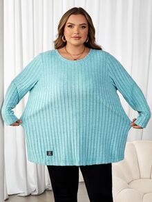 SHEIN CURVE+ 大码女式字母印章拼接细节T恤 - 綠色 - 查看 4