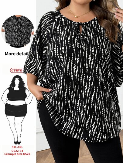 SHEIN CURVE+ بلوزة نسائية كبيرة الحجم مزينة بطبعات زهرية مع كشكشة في الأكمام وربطة عنق، مناسبة للربيع والشتاء
