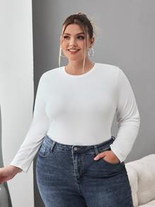 SHEIN CURVE+ Plus Size 3pcs Women's Solid Round Neck Casual Fitted Long Sleeve T-Shirt Set, Suitable For Spring, Autumn And Winter Fall - Multicolor - View 4