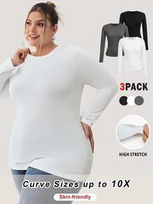 SHEIN CURVE+ Plus Size 3pcs Women's Solid Round Neck Casual Fitted Long Sleeve T-Shirt Set, Suitable For Spring, Autumn And Winter Fall - Multicolor - View 8